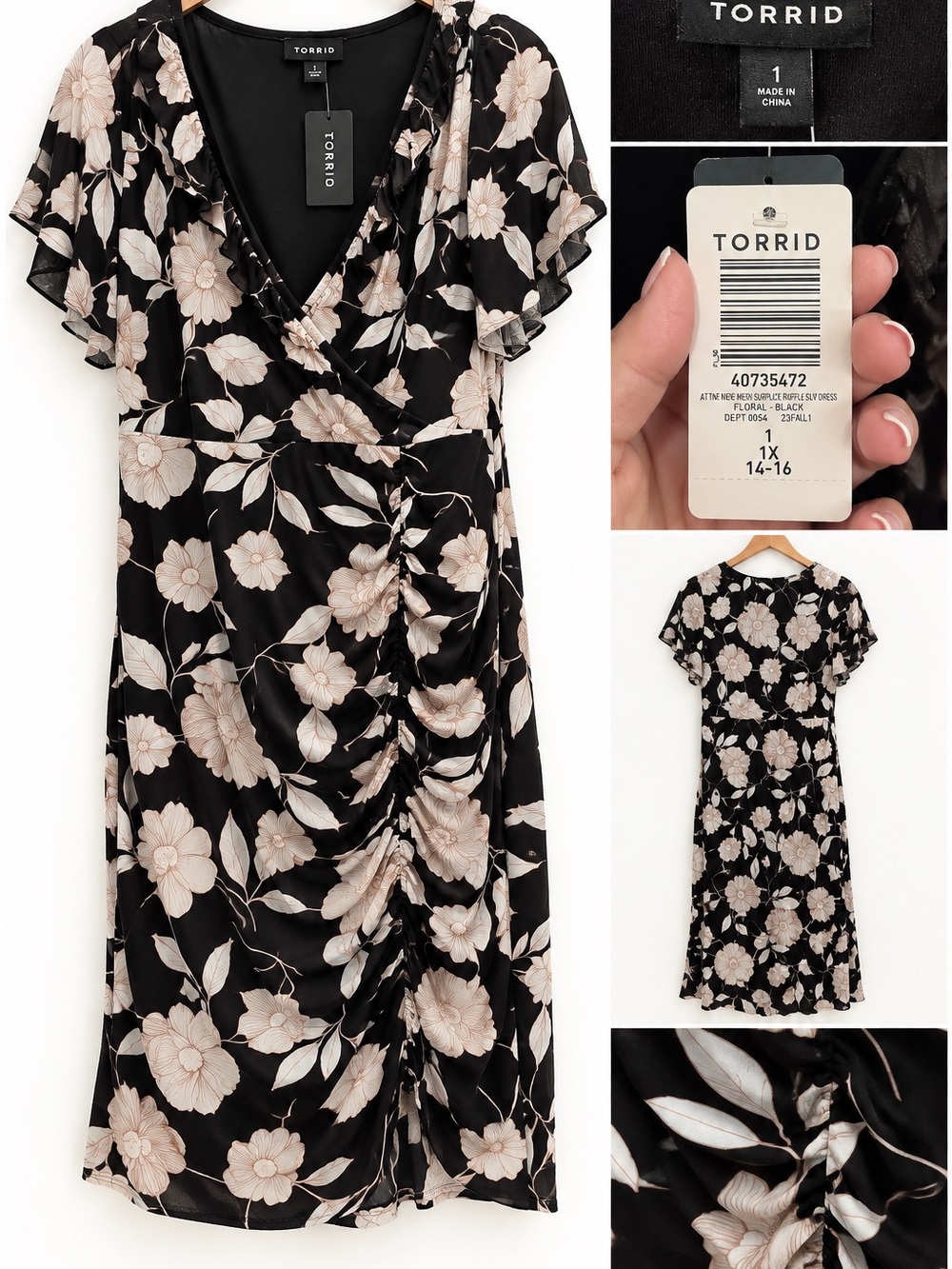 torrid Black Midi Wrap Dress with Cream Floral Print